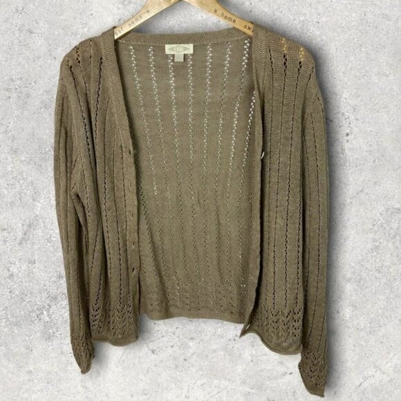 Vintage CDG 100% Linen Tan Knit Cardigan Sweater Cutout Lightweight Hong Kong L - Picture 8 of 13